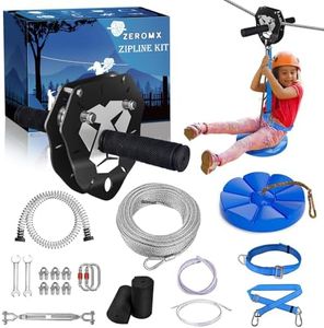 ZEROMX 75ft/100ft/120ft/150ft Zip Line Kit for Kids and Adults Up to 380lb – Upgraded Removable Lion Trolley, 6.5ft Spring Brake, Tree Protectors, Safety Harness & Seat – Zipline Kits for Backyard