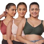 MAASHIE M307 Women's Cotton Non-Padded Non-Wired Everyday Minimizer 36D Bra | Pack of 3 - Wine L.Peach Olive