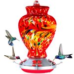 Hummingbird Feeders, 32 Ounces Hand Blown Glass Hummingbird Feeder with Attractive Spiral Pattern for Outdoors Hanging, 4 Feeding Metal Stations with Perch and Moat, Ant Moat Hook, Rustproof Base…