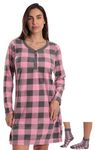 Just Love Women’s Ultra-Soft Sleep Shirt Nightgown with Matching Fuzzy Socks, Buffalo Plaid - Pink Charcoal, Large