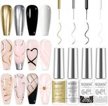 MIZHSE Metallic Gel Liner Nail Art Gold Silver 4 Colors, 3D Mirror Gel Painted Spider Drawing Line, Glossy Painting Swirl French Chrome Effect Nail Design Soak off Manicure Set for Nail Art