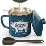 Bacon Grease Container With Strainer, 46OZ Large Enamel Grease Container, With Silicone Spatula, Farmhouse Bacon Grease Keeper, Cooking Oil Container For Kitchen Fat Storage, Dishwasher Safe-Blue