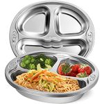 SOUJOY 4 Pack Stainless Steel Divided Plate, 3 Sections Diet Control Dinner Plate, Korean Unbreakable Monkey Shape Compact Food Serving Tray for Kids, Picky Eaters, Campers