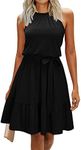 Newshows Women's Summer Dresses Women Trendy 2024 Halter Black Casual Sleeveless Ruffle Sundress with Pockets(Black, Large)