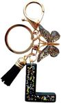 Cute Initial Letter Keychains for Women Girls Tassel Butterfly Black Keychain for Backpack School Bag (L-Black)