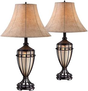 Franklin Iron Works Cardiff Traditional Rustic Urn-Shaped Table Lamps 33" Tall Set of 2 with Nightlight Brushed Iron Cage Champagne Glass Beige Fabric Bell Shade for Living Room Bedroom House