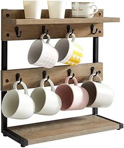 IBUYKE Rustic Coffee Mug Holder Stand, 2 Tier Countertop Mug Tree Holder Rack with Storage Base, Vintage Mug Holders for Kitchen, Holds 8 Mugs, Greige UTBJ002Y