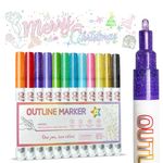 Outline Pens Metallic Markers Pens: 12 Glitter Pens Double Line Highlighter Pens for Christmas Gifts Card Writing, Silver Outline Markers for Birthday Greeting, Teenage Girls Gifts, DIY Art Craft