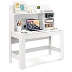 Giantex Computer Desk with Hutch and Bookshelf, 1.2m White Home Office Desk with Anti-Tipping Kits & Cable Hole, Makeup Vanity Table, Modern Writing Study Table Laptop Desk for Small Spaces, Bedroom