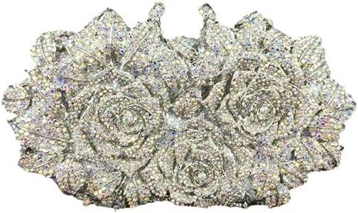 Boutique De FGG Dazzling Flower Evening Bags For Women Formal Party Rhinestone Handbags Wedding Crystal Clutch Purse,Silver AB,Mini