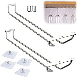 Wine Glass Rack Under Cabinet: Stemware Wine Glass Holder Glasses Storage Hanger 2 Pack Single Rail Under Shelf Metal Organizer for Bar Kitchen, Hanging Glass Goblets Storage Rack Organizer Silver 35