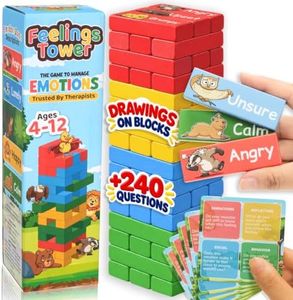 Feelings Tower Therapy Games for Kids & Teens - Social Emotional Learning Toy, 48 Emotion Cards & Animal Stacking Blocks - Play Therapy Toys, SEL & Social Skills Games for Kids, Counseling