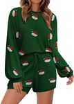 Ekouaer Summer Outfits for Women Soft Knit Lounge Sets Long Sleeve Top and Shorts 2 Piece Pajama Sets Green Santa Hat M