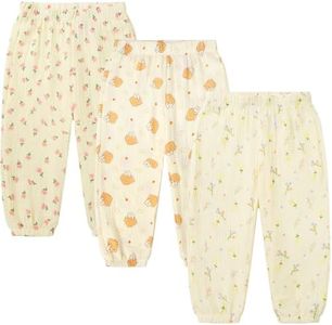 GFQLONG Toddler Baby Girls 3 Pack Elastic Waist Pants Soft Cotton Linen Harem Bloomers Summer Spring Long Pants,Floral Pattern,3-4T