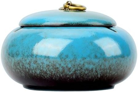 Large Size Color Glaze Cigarette Ashtray Windproof and Rainproof Outdoor Ceramic Ashtray Travel Portable Ash Tray with Metal Lifting Ring Lid Decorative Ashtray (Blue)