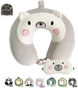 Gluck Plants Kids Travel Neck Pillow,Cute Animal Memory Foam Travel Pillow with Eye Mask,Boys & Girls Neck Support Pillow for Airplane, Train, Car, Bus, Home Use,White-bear