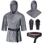 Renaissance Faux Chain Mail Armor Tunic Shirt Coif Medieval Knight Cowl Crusader Costume Outfit Bracers Waist Belt Set, Silver Gray, Large