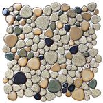 Primoon Pebble Stone Mosaic Tiles 5 Sheets, Beige Tan Brown Ceramic Mosaic Sheets Mesh Mounted 12x12, Glazed Porcelain Tile for Shower Floor Kitchen Bathroom Accent Wall Backsplash 【5 Sheets】