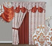 GOHD Samba Star. Jacquard Window Curtain Panel Drape with Attached Fancy Valance and Taffeta Backing. 2pcs Set. Each pc 54" Wide x 90" Drop with 18" Valance. (Rust)