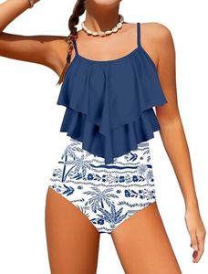Tomolant Girls Swimsuit, Girls Bathing Suits Size 14-16 Color Block One Piece Swimsuit 2-Tiered Ruffle Teen Bathing Suits with Chest Pad Adjustable Straps Swimwear