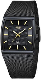 NIBOSI Mens Watches Business Square Military Waterproof Sport Analog Quartz Wrist Watch For Men With Stainless Steel Mesh Strap Date Calendar, Dial-Color:Black, Band Color:Black