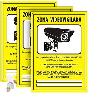 DAOUZL Señal Zona Videovigilada, Cartel de PVC glaspack 0,7mm A4 21 x 30cm, 3 PCS Carteles de Zona Videovigilada, Cartel Zona Videovigilada Interior/Exterior, con Autoadhesivo y Agujeros Pretaladrados