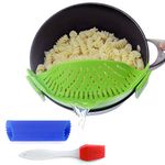 Clip-On Kitchen Food Strainer for Spaghetti, Meat, Pasta, & Ground Beef Grease, Colander & Sieve Snaps or Clip On Bowls, Pots & Pans. Includes Silicone Strainer Drainer, Brush & Garlic Peeler (Green)