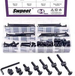 Swpeet 120Pcs Black M6 × 15/25/35/45/55/65/75mm Crib Hardware Screws Kit, Hex Socket Head Cap Crib Baby Bed Bolt and Barrel Nuts with 1 x Allen Wrench Perfect for Furniture, Cots, Crib Screws