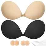 Alki'i Stick On Bra Push Up for Women 2 Pair, Adhesive Invisible Lifting Bra, Strapless Backless Bras for Wedding Dress with Nipple Covers Reusable, Black+nude