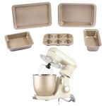 Salter COMBO-8912A Bakes Stand Mixer & Bakeware Set - Electric Whisk With Non-Stick Coated Roaster, Baking Tray, Square Pan, Loaf Tin, Muffin Tray, 10 Speeds Settings, 4 L Mixing Bowl, 1300 W, Gold