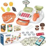 Pretend Play Cash Register Toy with Functional Caculator Cashier Scanner Toy Supermarket with Simulate Food Fruit etc Kids Grocery Store Play Money Food Shop Toy Educational Playset for Kids