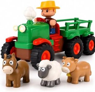 Self-Driving Farmer Tractor Truck Toy for Boys with Lights and Music, with Farmer Figure & Farm Animals (Moving Chimney and Shaking Animals)