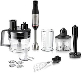 Bosch Stabmixer ErgoMaster Serie 6, 4 Edelstahl-Klingen, einhändig bedienbar, verschleißfreie Keramik-Kupplung, langlebig, Luftkühlung, Zerkleinerer, Kartoffelstampfer, Schneebesen, 1000 W, MSM6M673
