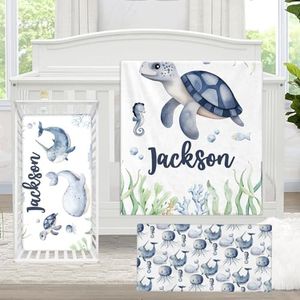 KAINSY Personalized Crib Bedding Set for Baby, 3 Pcs Custom Nursery Bedding Set with Name, Sea Animal Baby Crib Set, Baby Bedding Set Crib Set for Boys Girls, Toddlers Infants Kids Customized Gifts