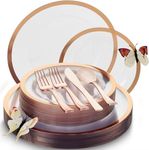 By Madee HEAVYWEIGHT 150 Pcs Clear and Rose Gold Disposable Plates for Party | HIgh End Disposable Plates and Silverware Sets | Rose Gold Plastic Dinnerware Set for 25 Guests | Gift of 3D Butterflies