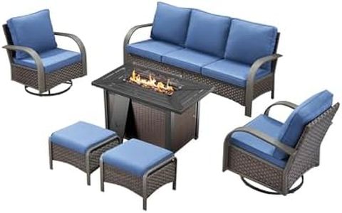 HUMMUH Patio Conversation Sets with Fire Pit-All Weather Wicker Outdoor Swivel Chair with Patio Couch Outdoor Patio Furniture for Deck Porch Garden Poolside Backyard-Brown/Blue