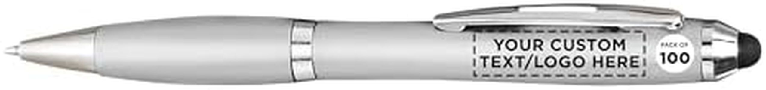 DISCOUNT PROMOS Custom Plastic Stylus Pens Set of 100, Personalized Bulk Pack - Black Ink, Great for Office, School, Business, Tradeshows, Events - Silver