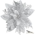 MIKAILE 20PCS Christmas Flowers Artificial with Clip, Christmas Poinsettia Flowers with Glitter Powder Decorations for Christmas Tree Garland Christmas Wreath Indoor Decorations (Silver)