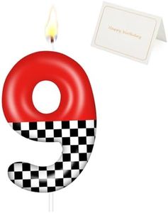 Racing Car Birthday Number Candle with Card, 2.4 inch Cake Topper for Race Car Party Decoration, White Black Checkered Number Candles for Racing-Themed Celebrations Supplies(Red，Number 9)