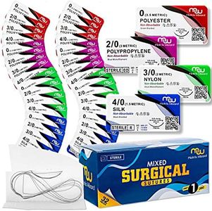 Mixed Sterile Sutures Thread with Needle 32PK (0, 2-0, 3-0, 4-0) Non-Absorbable - Surgical Emergency Practice, Medical, Nursing, EMT, PA, Dental, Veterinary Student's Hospital Training Kit, Taxidermy