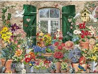 Bits and Pieces - 1000 Piece Jigsaw Puzzle for Adults 20" x 27" - Flowers Outside - 1000 pc Collage Flower Window Bird House Spring Butterfly Cottage Jigsaw by Artist Barbara Behr