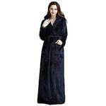 KINOW Long Hooded Bathrobe for Womens Flannel Fleece Robes Winter Warm Housecoat Navy