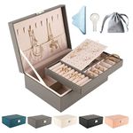 Jewellery Box Organiser Jewelry Storage Box for Women Girl, 2 Layers, Leather Jewellery Organiser Box with Removable Tray & Hangers for Necklace Earrings Rings Bracelets, Lockable Design Grey