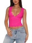 REORIA Womens Summer Tops Sexy V-Neck Sleeveless Double Lined Fashion Going Out Y2K Tank Tops Trendy Lace Slimming Crop Tops for Teen Girls Neon Rose Red Large