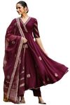 GoSriKi Women's Cotton Blend Printed Anarkali Kurta with Pant & Dupatta (Berlin Wine-GS_S_Wine_Small)