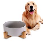 Grey Ceramic Dog Bowls with Wood Stand, Dog Water Bowls and Food Dish, Heavy Weighted or No Tip Over Dog Comfort Food Bowls, Stoneware Pet Bowl,Extra High Capacity 8.4" Diameter, for Large Dogs