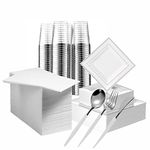 BloominGoods Gold Disposable Plates Set For 50 Guest - 350 Piece Silver Plastic Dinnerware 100 Rimmed Square Plates, Cups, Paper Napkins, Silverware Set, White/Silver (BG-PRTPQ-WSR/L50)