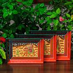 SWADESHI BLESSINGS Handcrafted & Hand-Painted Embossed Wooden Serving Trays Set of 3- For Kitchen/Table & Home Decor/Dinning/Gifts/Restaurants/Living Room/Coffee Table (Orange Rectangular)