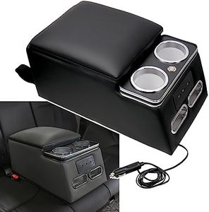 Sporacingrts Black Universal Truck Seat/Bench Organizer, Rear Bench Seat Consoles with LED Light, USB Port, Cup Holders, Armrest, and Padded Top Lid - Central Armrest Box Back Seat Storage Box