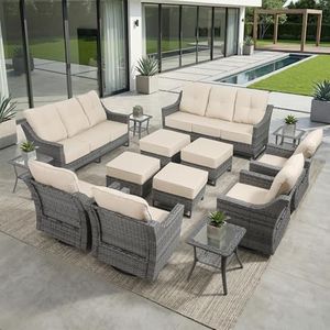 Domvaranique 14 Piece Patio Furniture Set, Grey Wicker Outdoor Conversation Set with 4 Swivel Rocker Chairs, 4 Ottomans, 2 Sofas and 4 Side Tables, 6-Inch Thick Cushions, Beige Covers for Porch, Deck